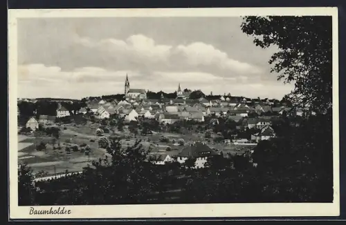 AK Baumholder, Ortsansicht mit Kirche und Stadtpanorama