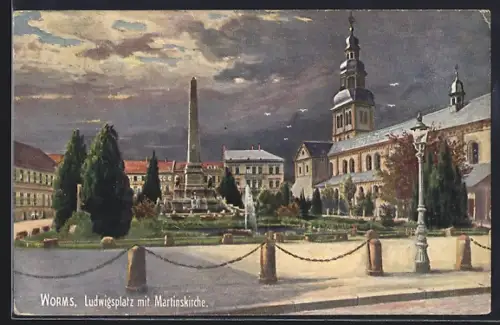 Künstler-AK Worms, Ludwigsplatz mit Martinskirche
