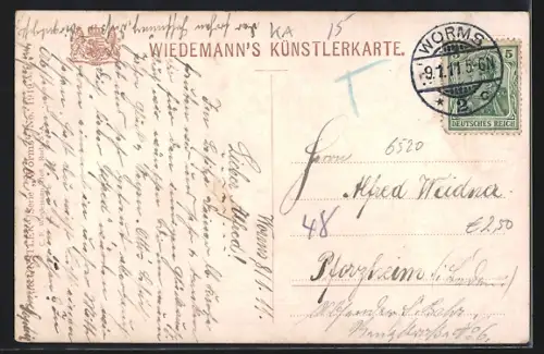 Künstler-AK Worms, Ludwigsplatz mit Martinskirche