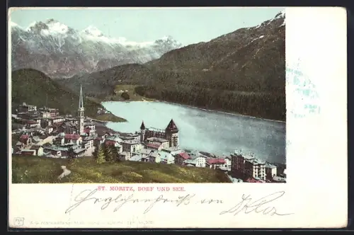 AK St. Moritz, Dorfansicht mit See