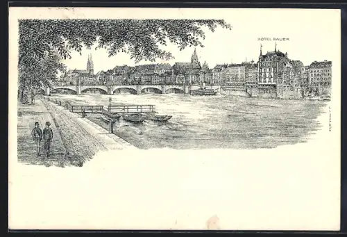 Künstler-AK Basel, Hotel Bauer au Rhin
