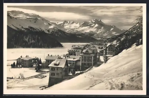 AK Campfér, Teilansicht mit Piz Margna im Schnee