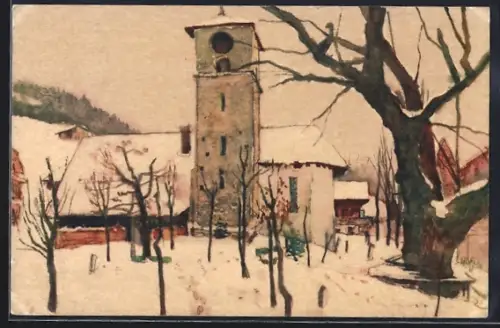 Künstler-AK Adelboden, Kirche und Baum im Schnee