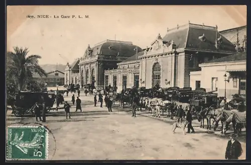 AK Nice, La Gare, Bahnhof, Pferdewagen