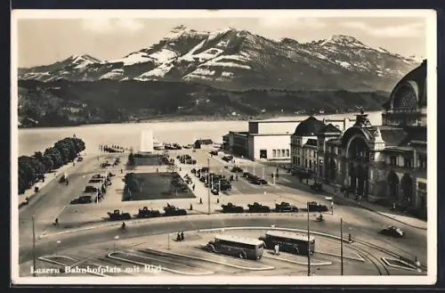AK Luzern, Bahnhofsplatz mit Rigi