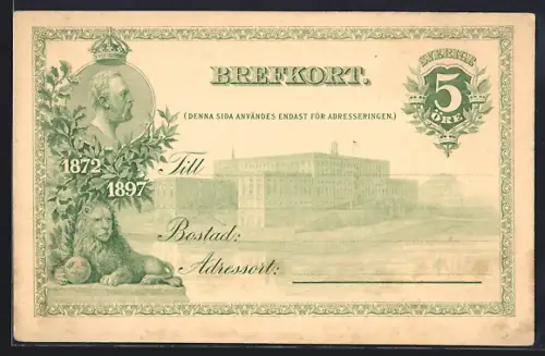 AK Oskar II. von Schweden Portrait, Gebäudeansicht und Löwenstatue