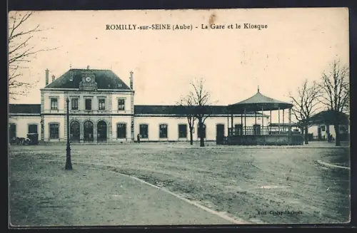 AK Romilly-sur-Seine /Aube, La Gare et le Kiosque