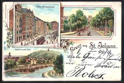 Lithographie St. Johann / Saar, Reichsstrasse, Untere Bahnhofstrasse, Partie an der Saar