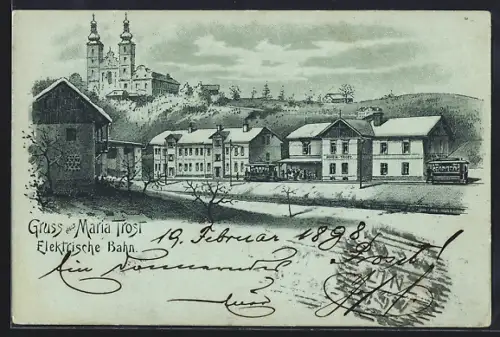 Lithographie Maria Trost, Bahnhof Elektrische Bahn und Kirche, Strassenbahn