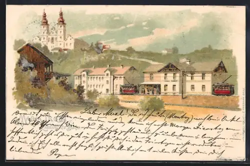 Lithographie Graz, Maria Trost, Elektrische Bahn mit Wallfahrtskirche