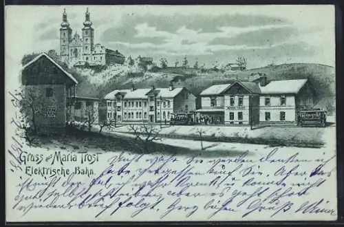 Lithographie Maria Trost, Bahnhof Elektrische Bahn und Kirche, Strassenbahn