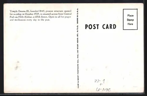 AK New York, NY, Temple Emanu-El, Synagoge