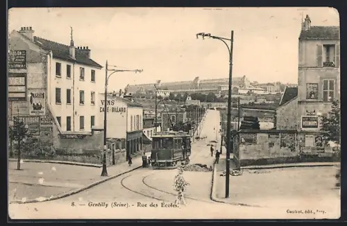 AK Gentilly, Rue des Écoles, Strassenbahn