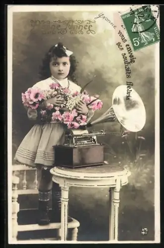 AK Bonne Année, Kind mit Grammophon