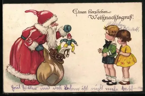 AK Weihnachtsmann beschenkt 2 Kinder