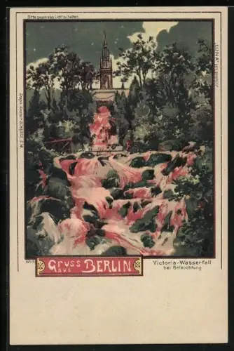 Lithographie Berlin-Kreuzberg, Victoria-Wasserfall bei Beleuchtung, Halt gegen das Licht