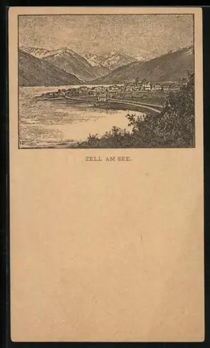 Lithographie Zell am See, Panorama mit See und Gebirge, Ganzsache