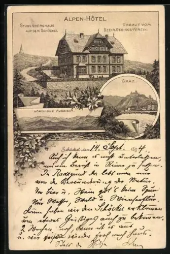 Vorläufer-Lithographie Graz, 1894, Alpen Hotel Stubenberghaus auf dem Schöckel, Panorama mit Schlossberg