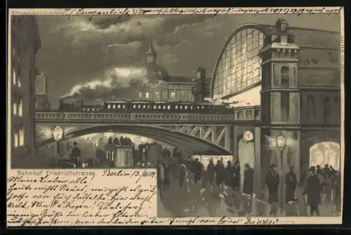 Lithographie Berlin, Bahnhof Friedrichstrasse bei Nacht, Halt gegen das Licht