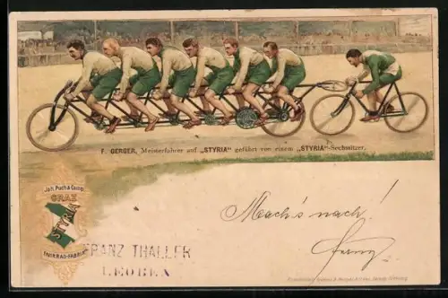 Lithographie Graz, Reklame d. Fahrrad-Fabrik Styria, Radsportler F. Gerger geführt von einem Styria-Sechssitzer