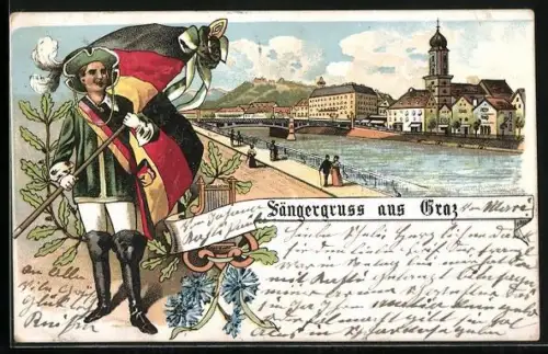 Lithographie Graz, Ortspartie mit Brücke, Sänger mit Fahne