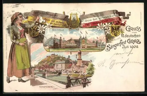 Lithographie Graz, Sängerfest 1902, Festhalle, Schlossberg