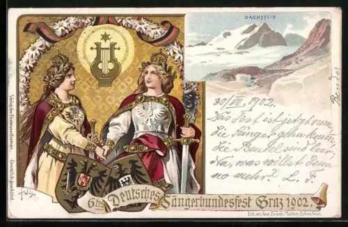 Lithographie Graz, 6. Deutsches Sängerbundesfest 1902, Deutschland und Österreich beim Handschlag, Dachstein