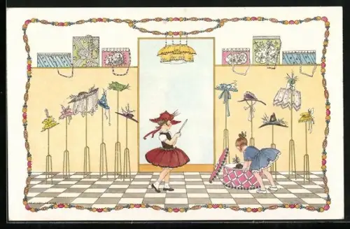 Künstler-AK Mela Köhler: Mädchen in einer Hutboutique