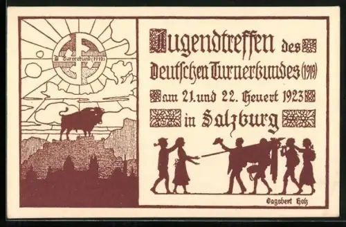 Künstler-AK Salzburg, Jugendtreffen des deutschen Turnerbundes 1923, Stier über der Feste