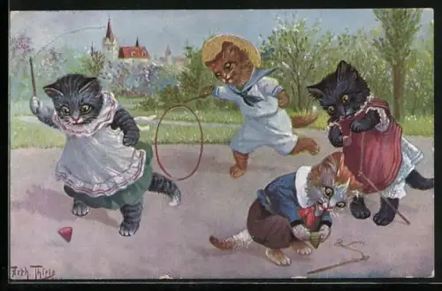 Künstler-AK Arthur Thiele: Katzen in Kinderkleidung beim Spiel mit Brummkreiseln und Reifen