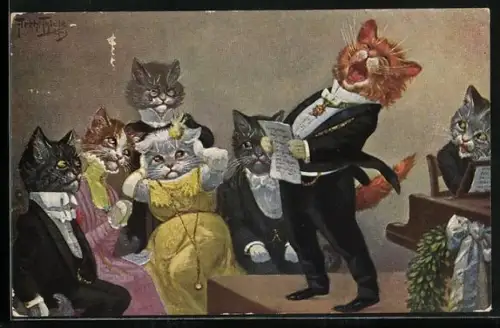 Künstler-AK Arthur Thiele: singende Katze vor Katzenpublikum das erschaudert