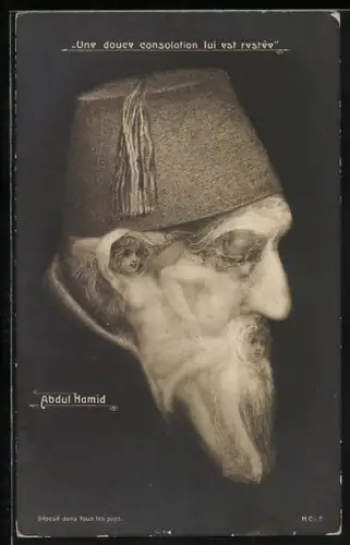 AK Portrait Abdul Hamid, Metamorphose mit musizierenden nackten Frauen im Gesicht