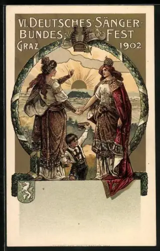 Lithographie Graz, 6. Dt. Sängerbundesfest 1902, Germania reicht ihrer Schwester die Hand, Wappen