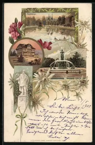 Lithographie Graz, Hilmteich, Stubenberghaus, Stadtpark-Brunnen