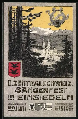 AK Einsiedeln, II. Zentralschweiz. Sängerfest 1910, Ortsansicht und Wappen
