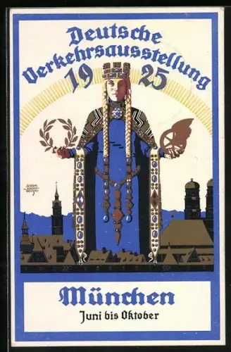 Künstler-AK Siegmund von Suchodolski: München, Deutsche Verkehrsausstellung 1925, Statue, Ortsansicht