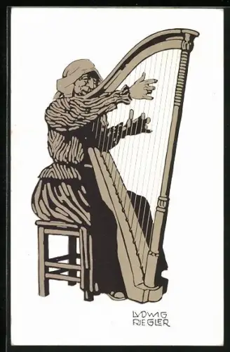 Künstler-AK sign. Ludwig Riegler: München, Postkartenkonkurrenz der Ausstellung 1910, Frau an der Harfe