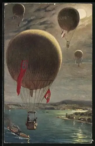 AK Heissluftballonrennen vor Küste, Dampfschiff