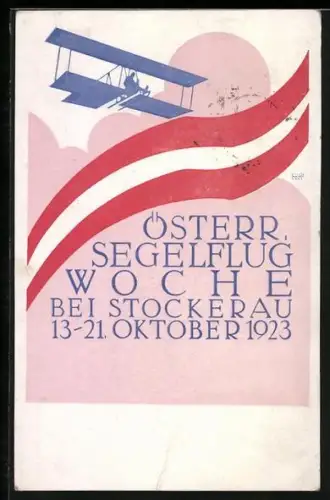 Künstler-AK Stockerau, Österreichische Segelflugwoche 1923, Doppeldecker-Flugzeug