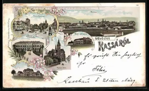 Lithographie Kassal / Kosice, Felso fouteza, all ami ipariskola, Göz fürdo, Kassai-Dom