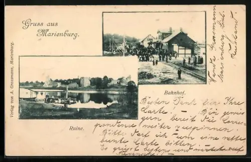 AK Marienburg, Bahnhof und Ruine mit Flusspartie