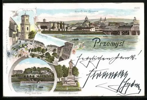 Lithographie Przemysl, Ringplatz, Uhrturm, Franz Josef-Quai, Sobieski Monument