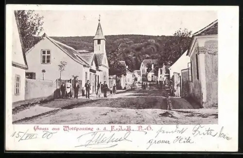 AK Wolfpassing a. d. F.- J.- B., Strassenpartie mit Kirche