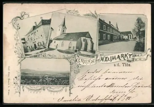 AK Neumarkt a. d. Ybbs, Kirche, Strassenpartie im Ort, Ortsansicht aus der Vogelschau