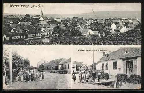 AK Poysdorf /N.-Öst., Wetzelsdorf, Michael Scharnbacher`s Bäckerei, Strassenpartie mit Kindern
