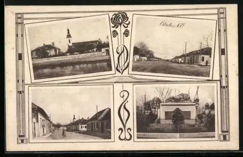 AK Obritz /N. Ö., Wasserpartie an der Kirche, Denkmal im Ort, Strassenpartie