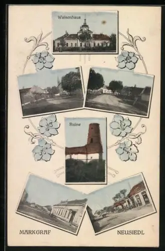 AK Markgrafneusiedl, Waisenhaus, Ruine und Strassenpartien