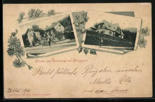 AK Gloggnitz, Gruss aus Eichberg, Bahnhof und Gasthaus im Blumen-Passepartout