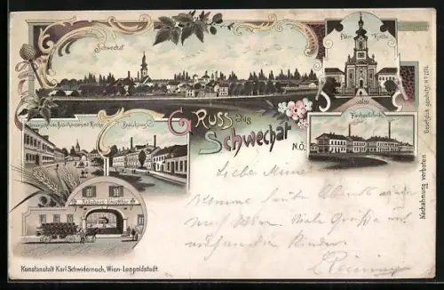 Lithographie Schwechat, Totalansicht, Pfarrkirche, Farbenfabrik, Bräuhaus