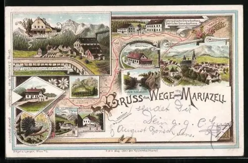 Lithographie Mariazell, Gasthaus Walstern, Turm-Mauer, Dependenz, Gasthaus Sattelhof, Auerhahn, Landkarte